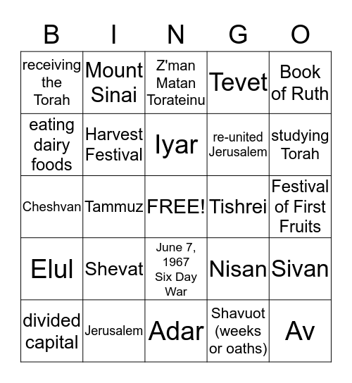 Yom Yerushalayim, Rosh Chodesh, Shavuot BINGO Card