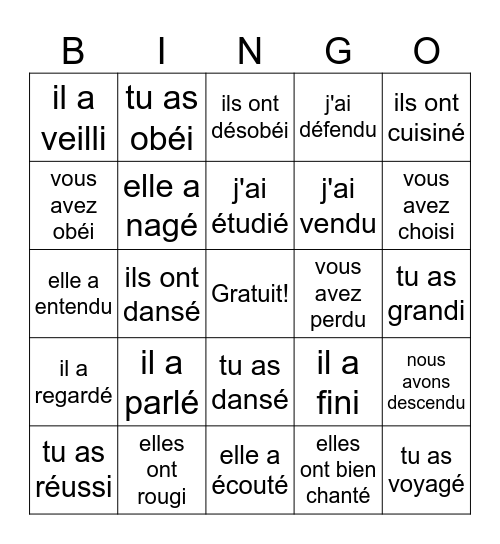 Passé Composé - AVOIR regular Bingo Card