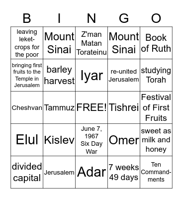 Yom Yerushalayim, Rosh Chodesh, Shavuot BINGO Card