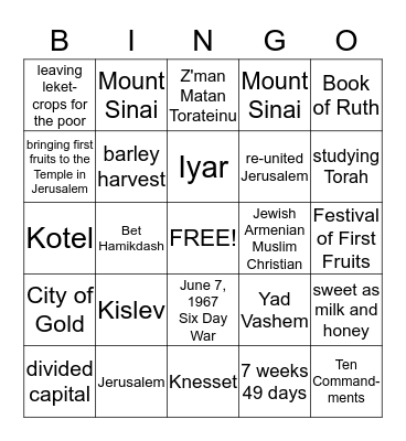 Yom Yerushalayim, Rosh Chodesh, Shavuot BINGO Card