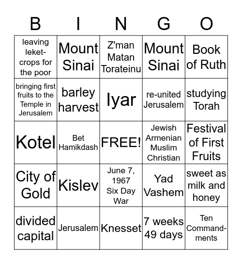 Yom Yerushalayim, Rosh Chodesh, Shavuot BINGO Card