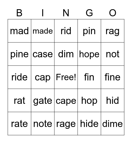 Vowel Consonant E bingo Card