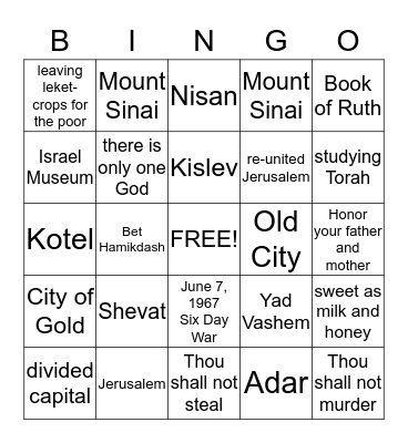 Yom Yerushalayim, Rosh Chodesh, Shavuot BINGO Card