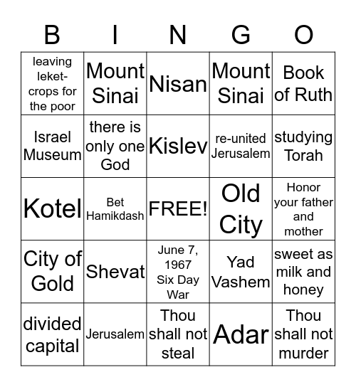 Yom Yerushalayim, Rosh Chodesh, Shavuot BINGO Card