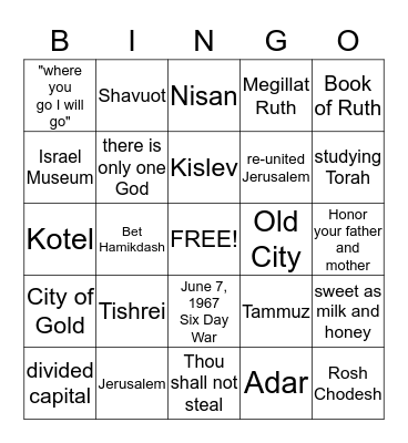 Yom Yerushalayim, Rosh Chodesh, Shavuot BINGO Card