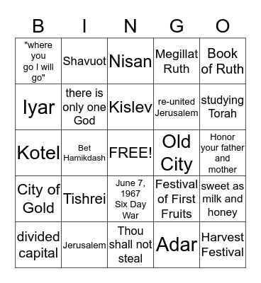 Yom Yerushalayim, Rosh Chodesh, Shavuot BINGO Card
