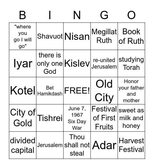 Yom Yerushalayim, Rosh Chodesh, Shavuot BINGO Card