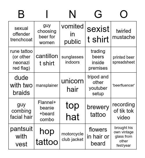Beer Hipster Bingo Card