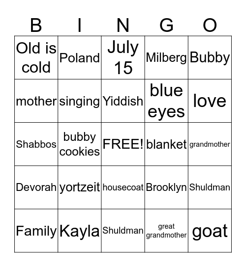 Bubby Bingo Card
