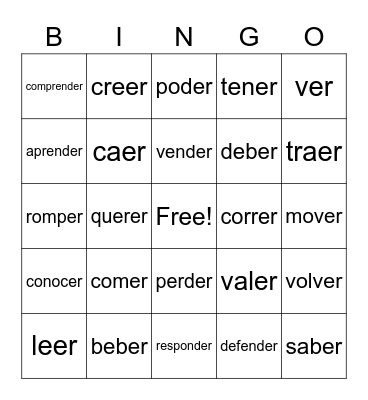 ER Verbs Bingo Card