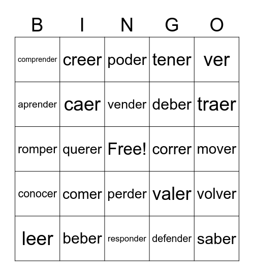 ER Verbs Bingo Card