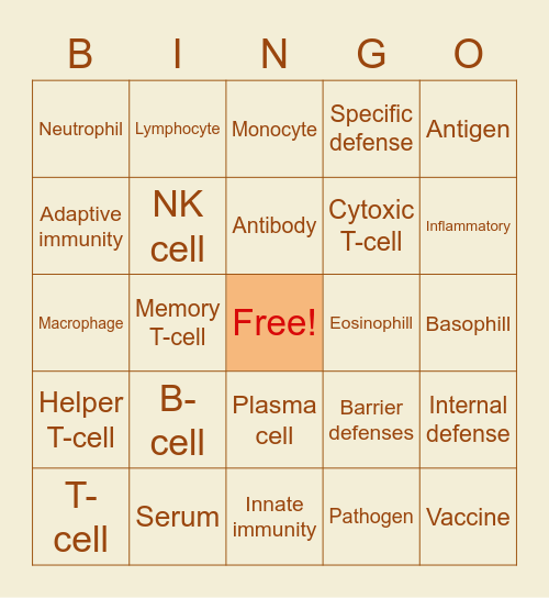 Immune Bingo Card