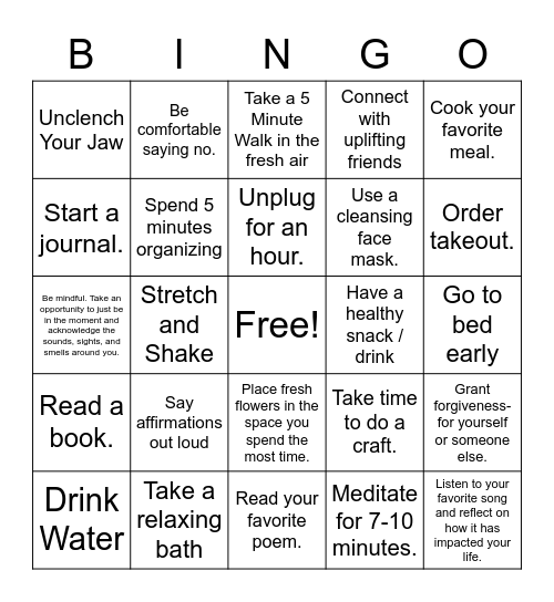 Self Care Bingo Card