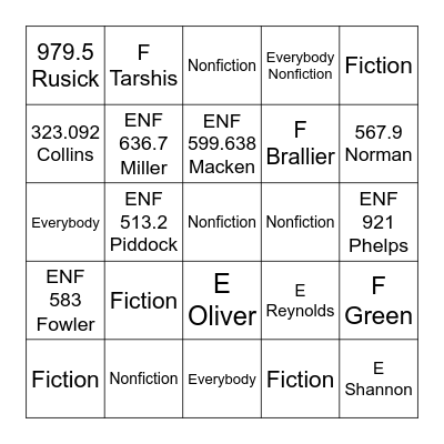 Call Number Bingo Card