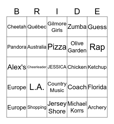 All About Jessica Bingo Card