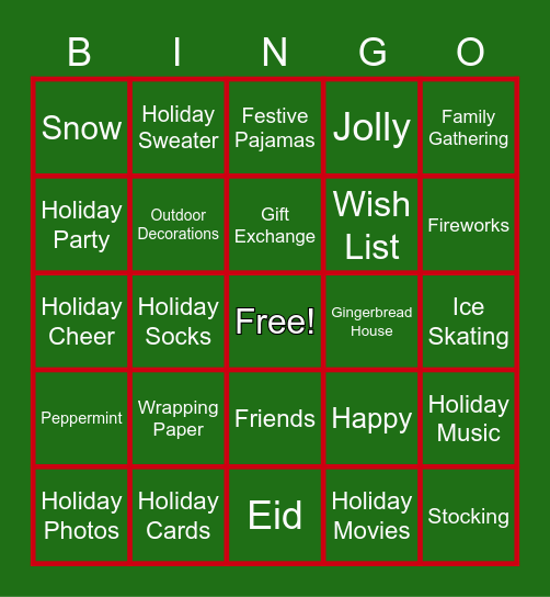 Holiday/Christmas Bingo Card