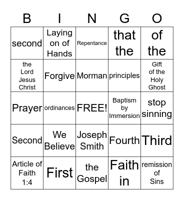 Article of Faith 1:4  Bingo Card