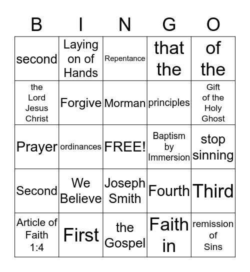 Article of Faith 1:4  Bingo Card