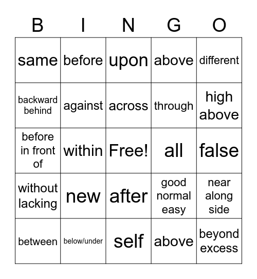 common prefix Bingo Card