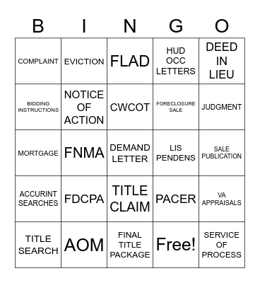 Foreclosure Bingo Card