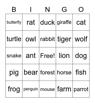 los animales Bingo Card
