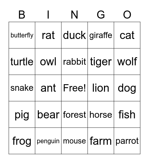 los animales Bingo Card