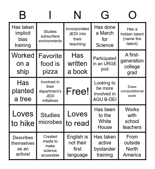 AGU Biogeosciences DEI Bingo! Bingo Card