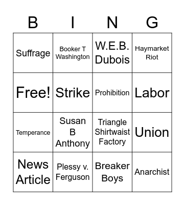 US History Vocabulary Bingo Card