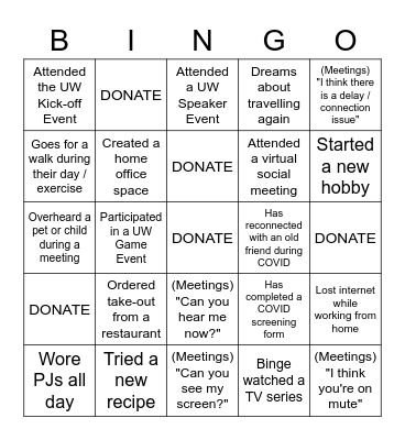 SSG / TBSM / Corp Dev / ERE United Way 2021 Campaign Bingo Card