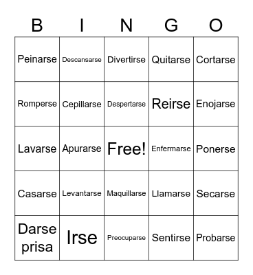 Reflexive Verbs Bingo Card