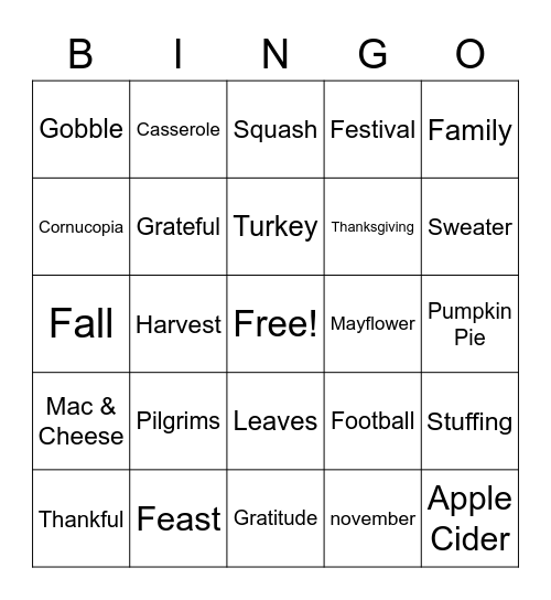 Thanksgiving Bingo Card