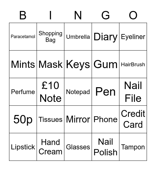 Helen's 50th Birthday Handbag Bingo Card