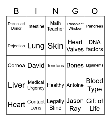 Organ Donation Presentation BINGO Card