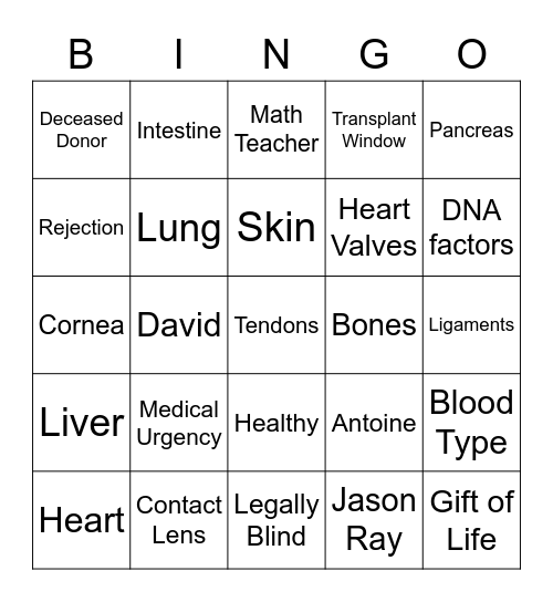 Organ Donation Presentation BINGO Card