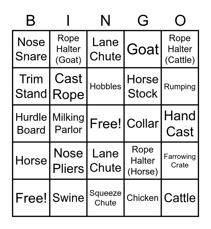 Livestock Restraint Bingo Card