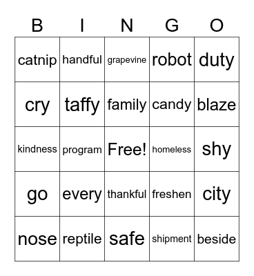 Spelling Words Bingo Card