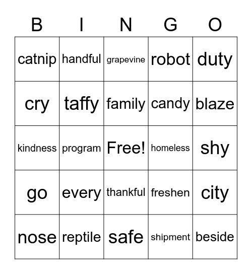 Spelling Words Bingo Card