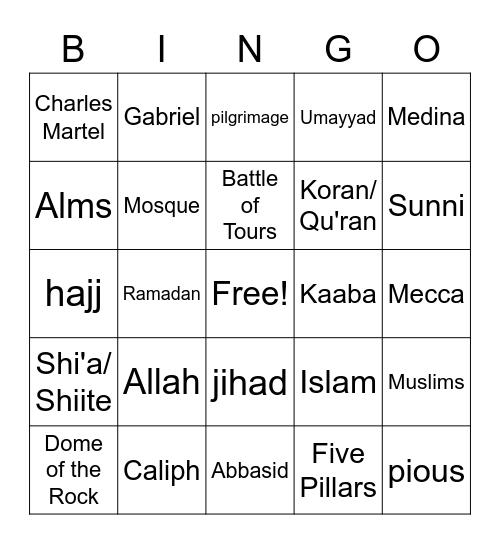 Unit 7: Islam Vocab. Bingo Card