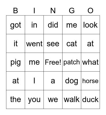 Sight Word Bingo Card