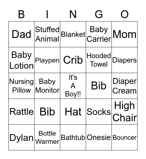 Jennifer's Baby Shower Bingo Card