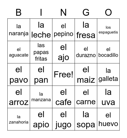 La Comida Bingo Card