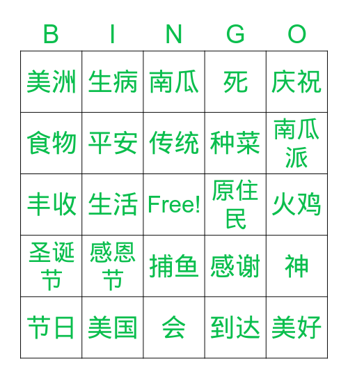 感恩节 Bingo Card