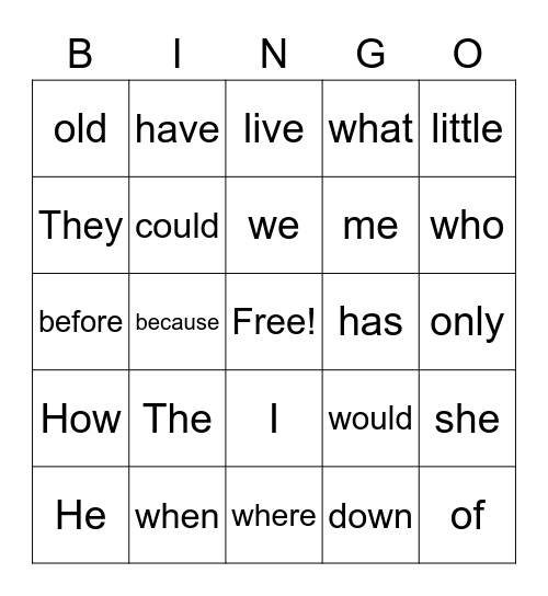Tricky words Bingo Card