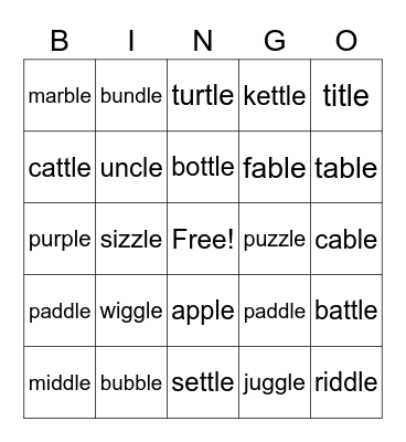 Consonant +le Bingo Card