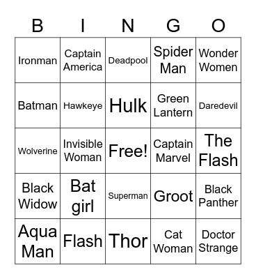 Superhero Bingo Card