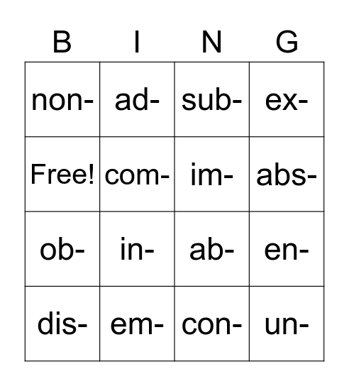 prefixes Bingo Card
