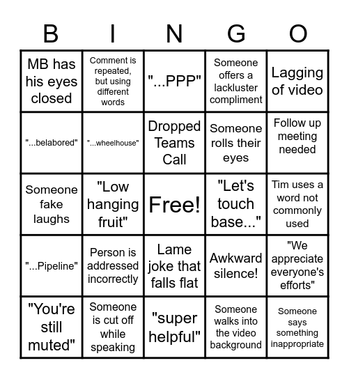 Virtual Meeting Bingo Card