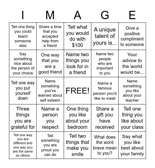 SELF-IMAGE BINGO Card