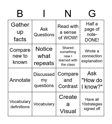 Non Fiction Reading Strategies Bingo Card