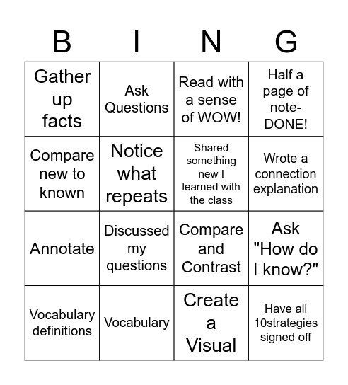 Non Fiction Reading Strategies Bingo Card
